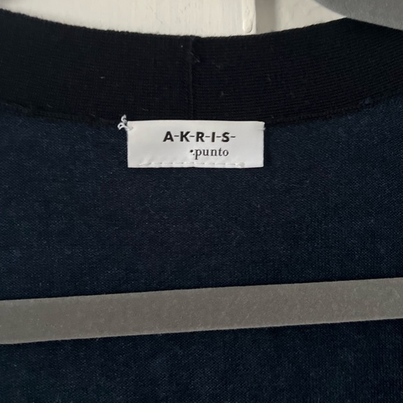 Akris Punto 100% Wool Black Navy Blue Cream Color Block Cardigan Sweater Sz 14 - Picture 2 of 8